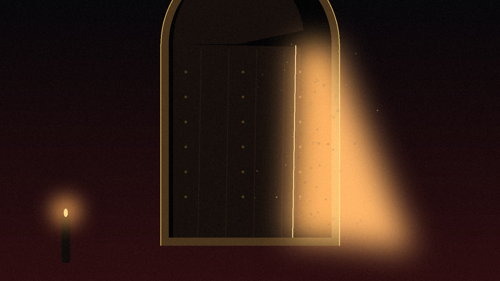 A church door left ajar in near-darkness, warm golden light spilling through the gap onto stone, with a single lit candle standing at the threshold."